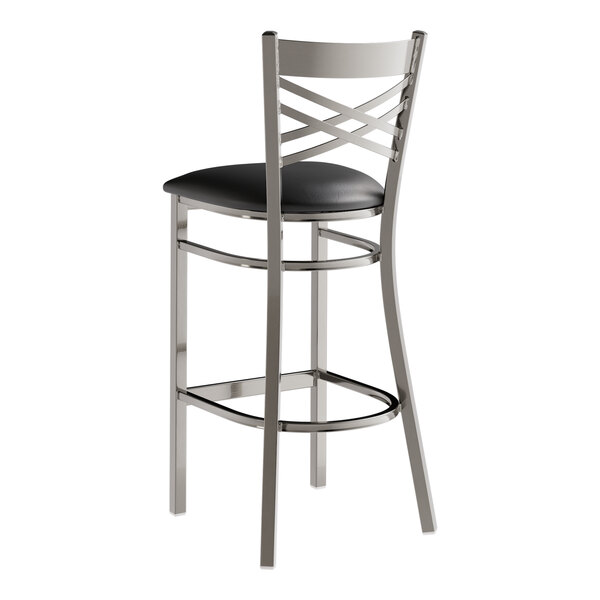 Lancaster Table & Seating 36" x 36" Butcher Block Bar Height Table with Espresso Finish and 4 Steel Cross Back Black Vinyl Bar Stools