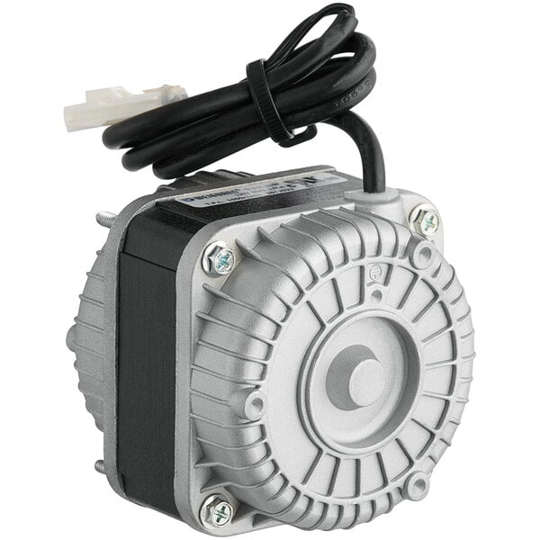 A close up of an Avantco condenser fan motor with black and white wires attached.