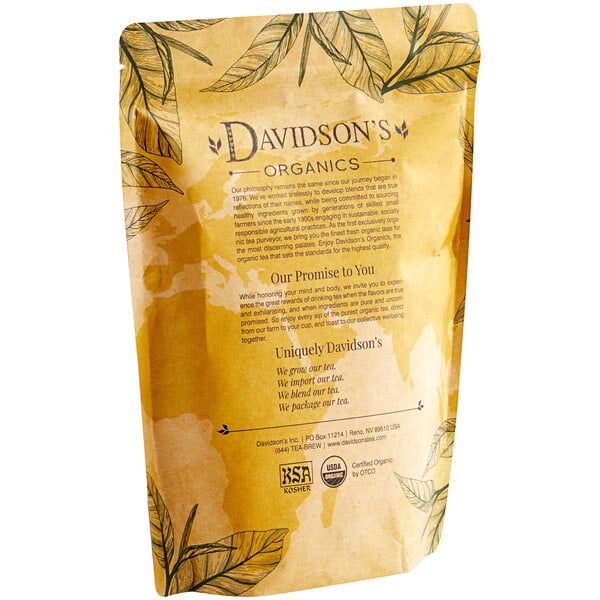 A brown bag of Davidson's Organic French Vanilla Essence Loose Leaf Tea with text and leaves on it.