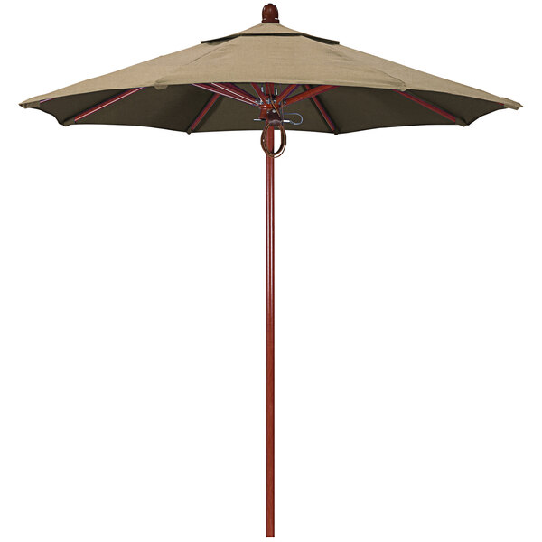 A brown California Umbrella with a Heather Beige canopy and a red oak pole.