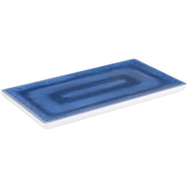 A blue rectangular APS melamine tray with a white border.