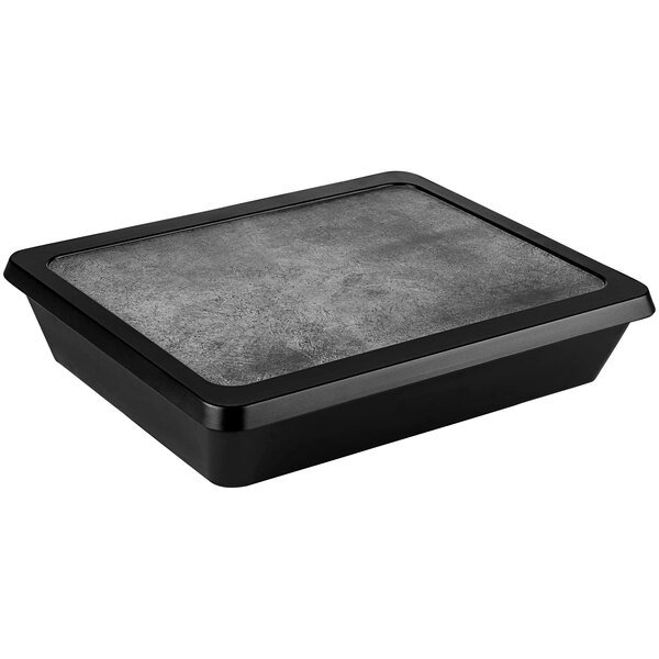A black rectangular tray with black melamine containers inside.