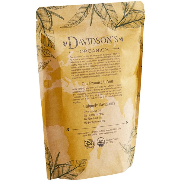 A brown Davidson's Organic Guayusa loose leaf tea bag with text and leaves.