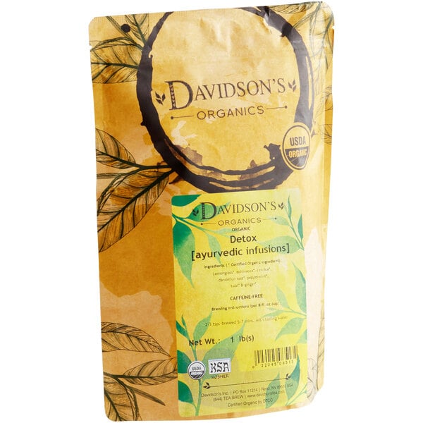 A bag of Davidson's Organic Detox Herbal Loose Leaf Tea with a label.
