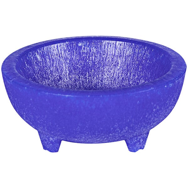 A blue polypropylene molcajete with three legs.