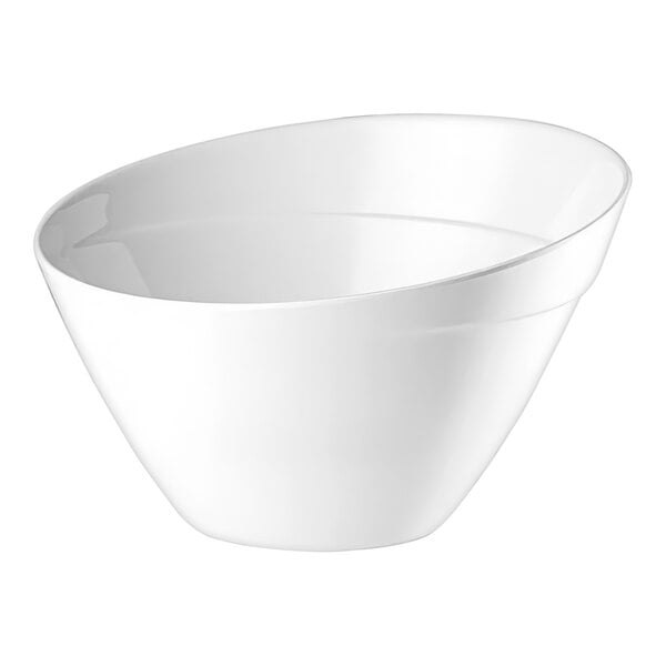 A white slanted melamine bowl with a curved edge.