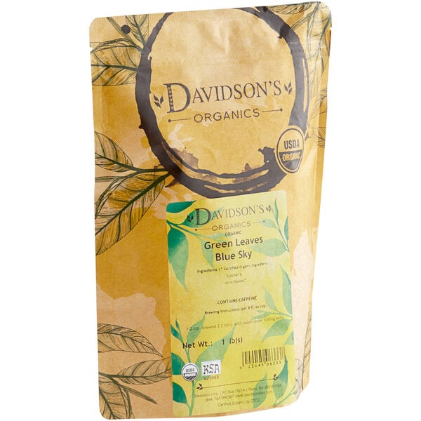 A bag of Davidson's Organic Green Leaves Blue Sky Loose Leaf Tea with a label.