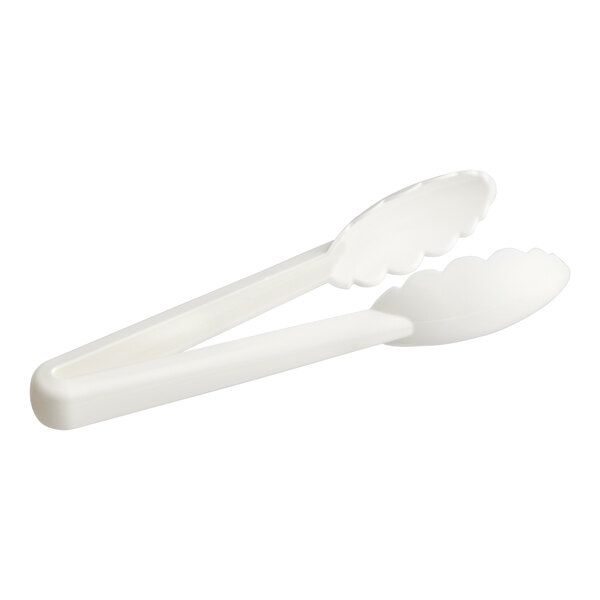 A pair of white plastic tongs with white handles.