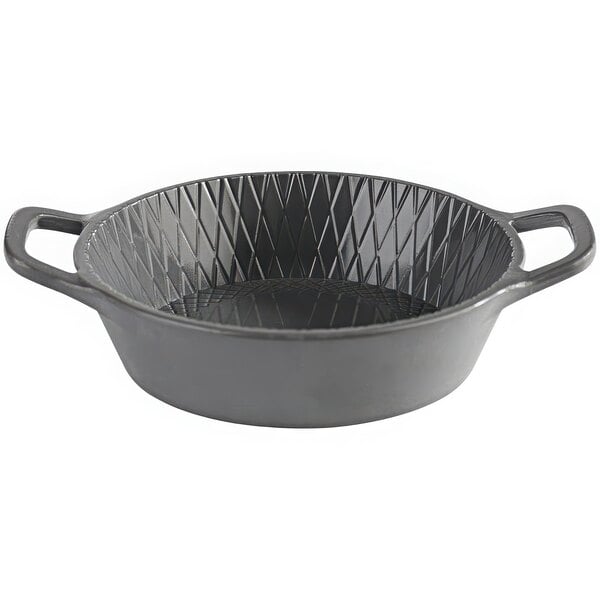 A gray APS Minis melamine bowl with a diamond pattern and two handles.