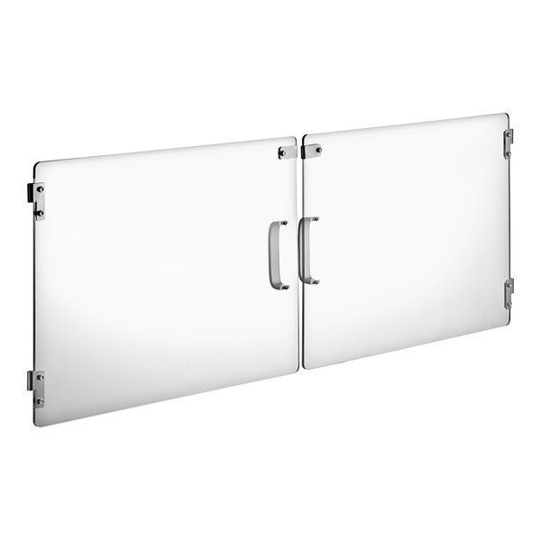 A white glass door with silver metal handles.