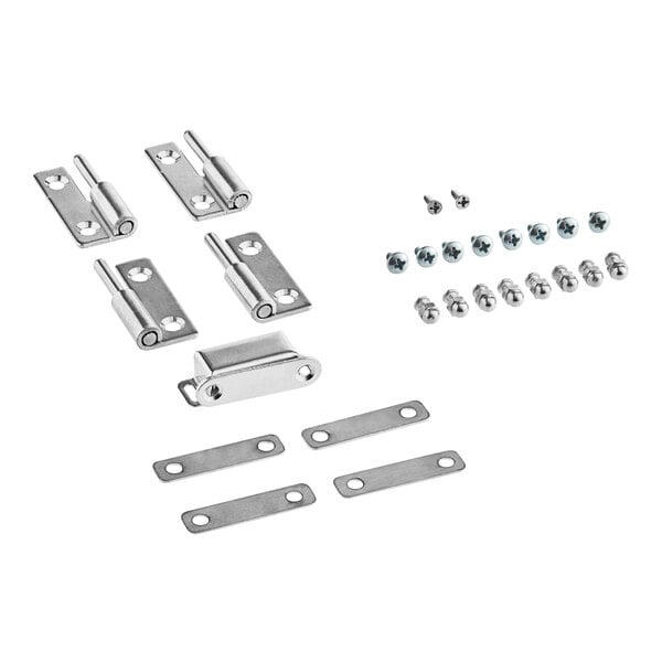 A group of metal hinges and screws for a ServIt countertop food warmer door.