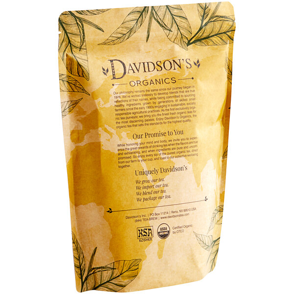 A brown Davidson's Organic Spring Fruit and Flowers Herbal Loose Leaf Tea bag with text and leaves on it.