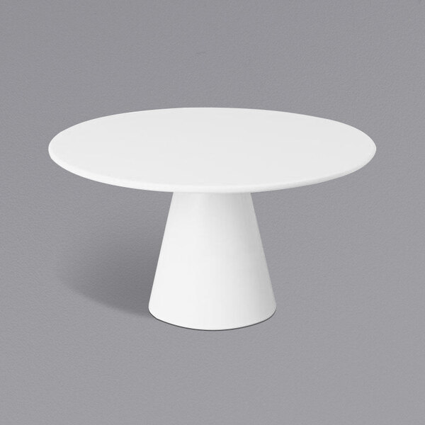 A white round pedestal melamine cake stand.