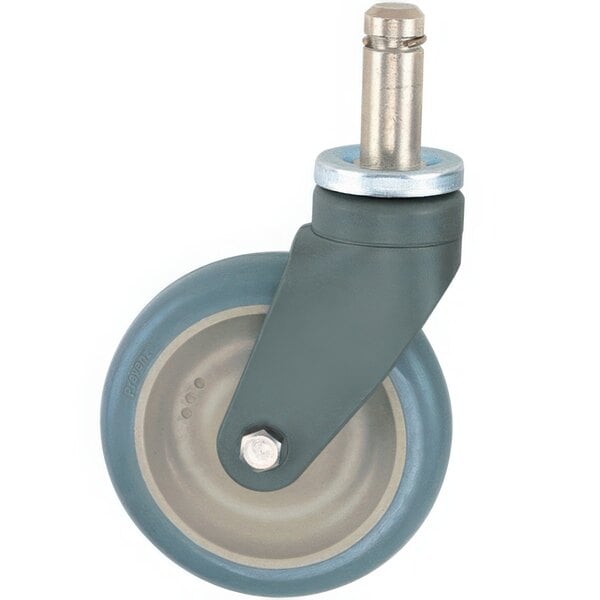 A close-up of a Metro grey Super Erecta swivel stem caster wheel with a metal bolt.