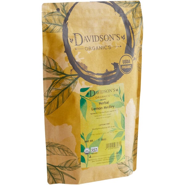 A bag of Davidson's Organic Lemon Medley Herbal Loose Leaf Tea with a label.