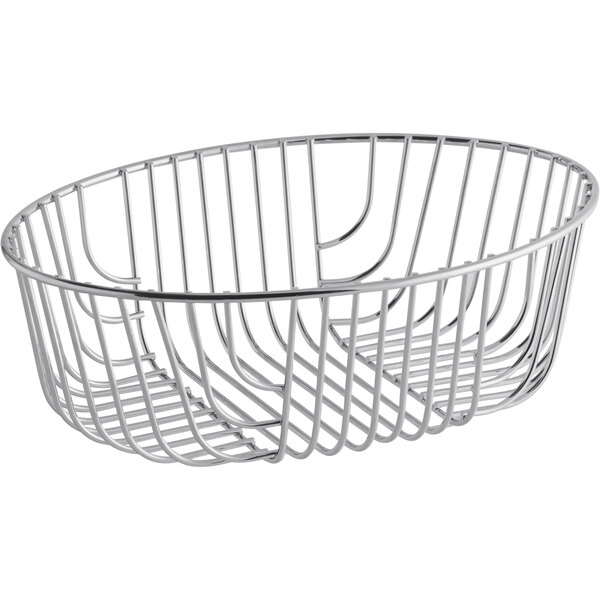 An Acopa stainless steel wire basket with a handle.