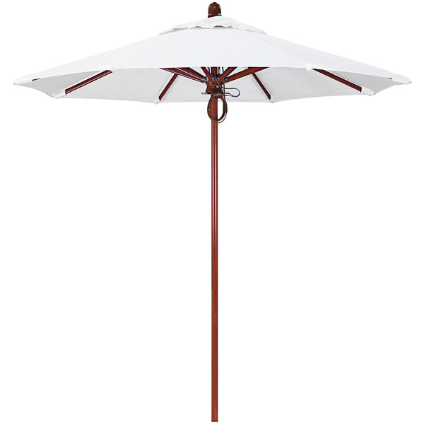 A white umbrella with a wooden pole.