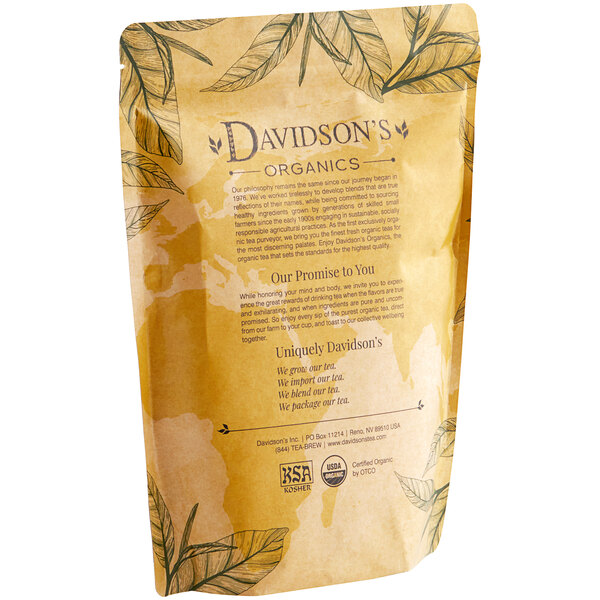 A brown bag of Davidson's Organic Tulsi Ginger Lemon Loose Leaf Tea with text and leaves.