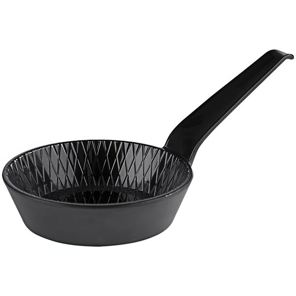 A black long-handled melamine bowl with a diamond pattern.