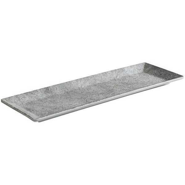 A rectangular grey melamine tray with white edges.