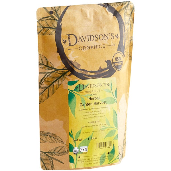 A brown bag of Davidson's Organic Garden Harvest Herbal Loose Leaf Tea with a label showing green leaves.