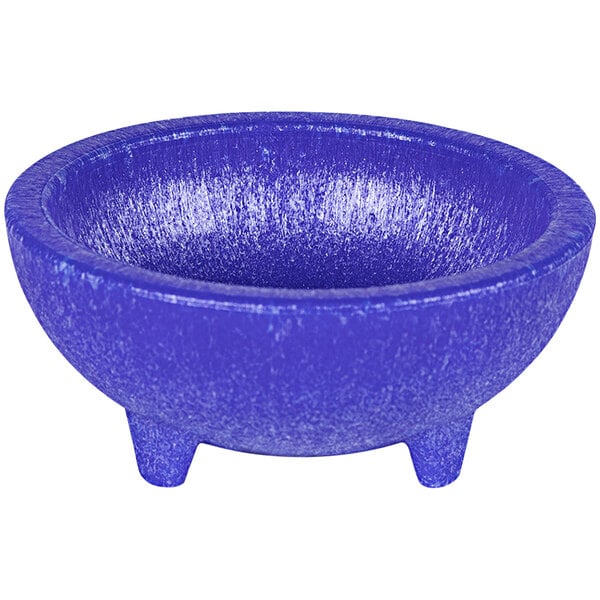 A blue polypropylene molcajete with three legs.