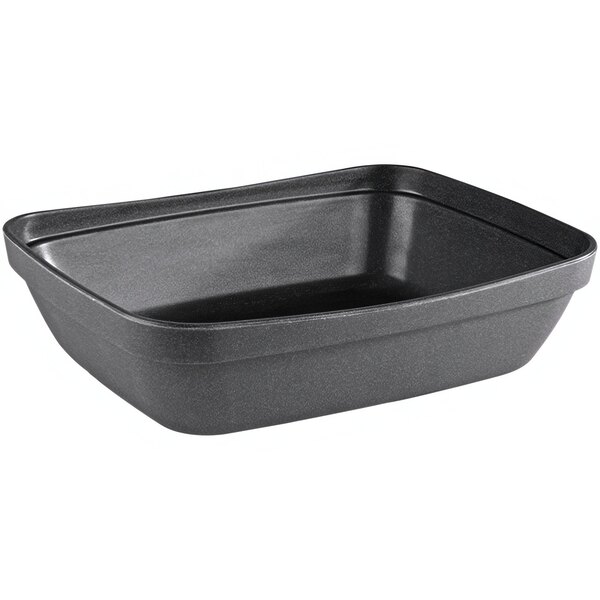A black rectangular APS Iron melamine bowl on a counter.