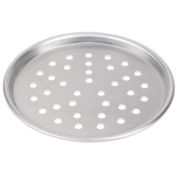 An American Metalcraft round silver aluminum pizza pan with holes.