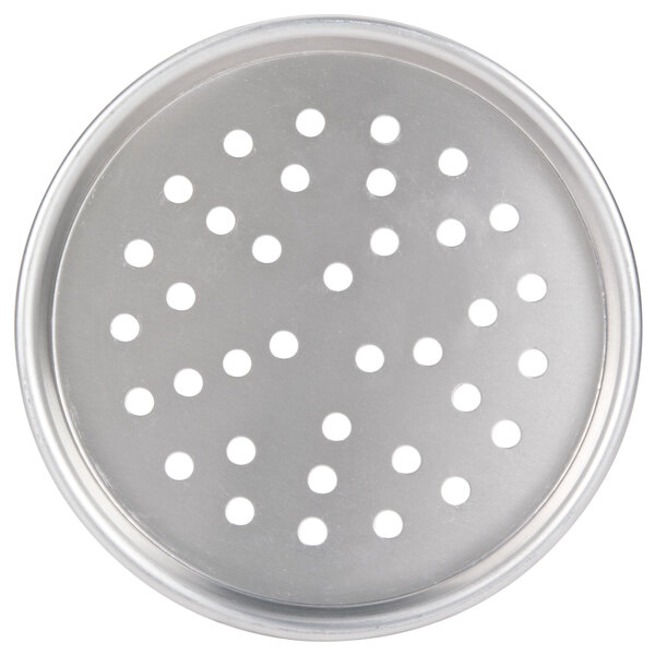 An American Metalcraft aluminum pizza pan with perforations.