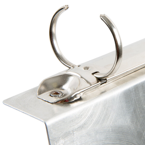 A Menu Solutions Alumitique aluminum table tent with top rings with a swirl finish.