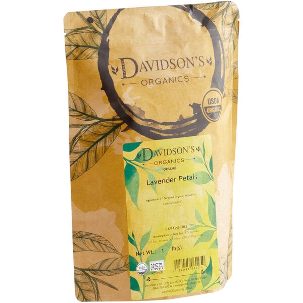 A bag of Davidson's Organic Lavender Petals Herbal Loose Leaf Tea on a counter with a label.
