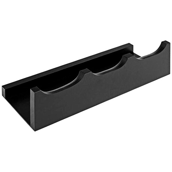 A black rectangular wood buffet stand with three compartments.