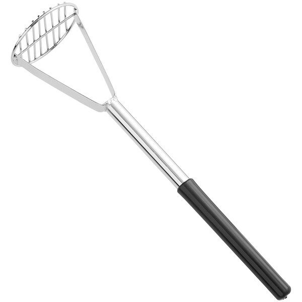 A Tablecraft round-faced potato masher with a black handle.