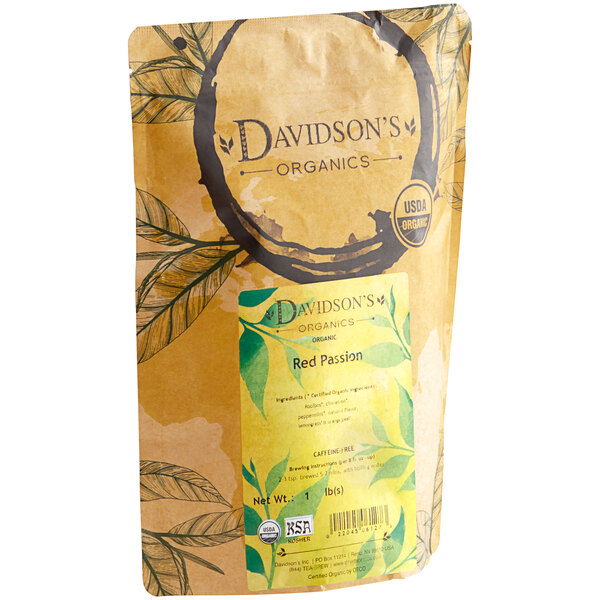 A brown bag of Davidson's Organic Red Passion Herbal loose leaf tea with a label.