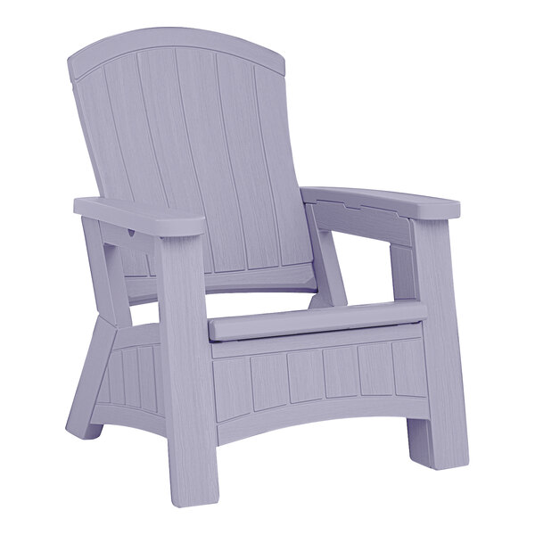 A gray plastic Suncast Adirondack chair with storage.