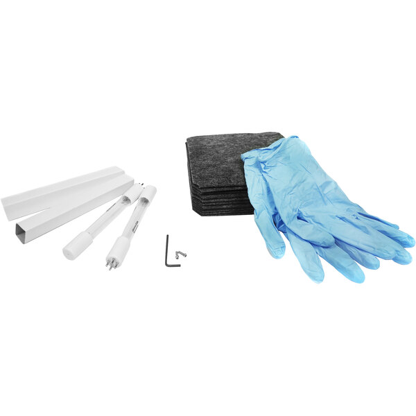 A Newaire maintenance kit for a hydroxyl generator including blue and black gloves, a brush, and a sponge.