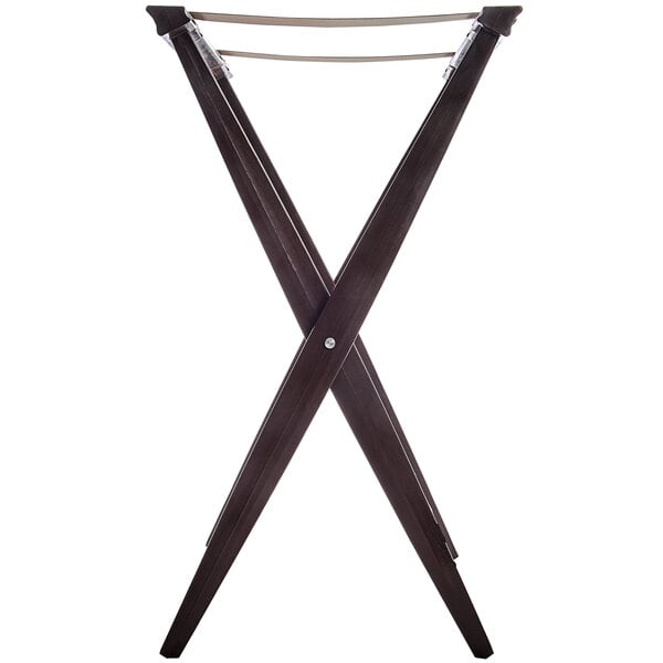 A brown plastic tray stand with two legs and an X-shaped base.