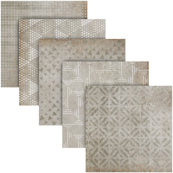 An Abert Domino gray tile display with four different patterns of gray tiles.