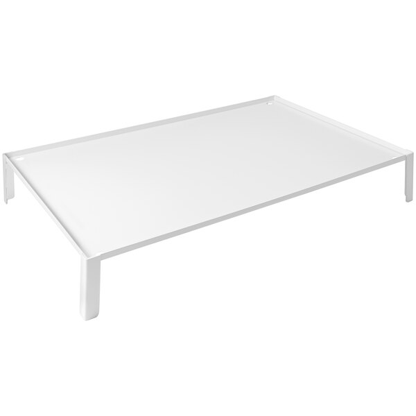 A white rectangular buffet podium with legs.
