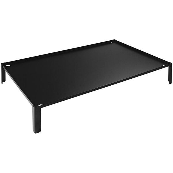 A black rectangular metal buffet podium with legs.