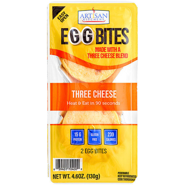 A package of Artisan Kitchens Three Cheese Egg Bites on a white background.