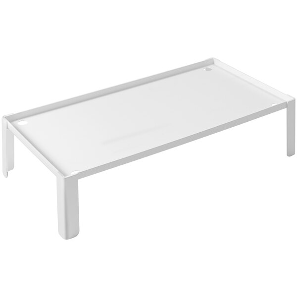 A white rectangular buffet podium with legs.