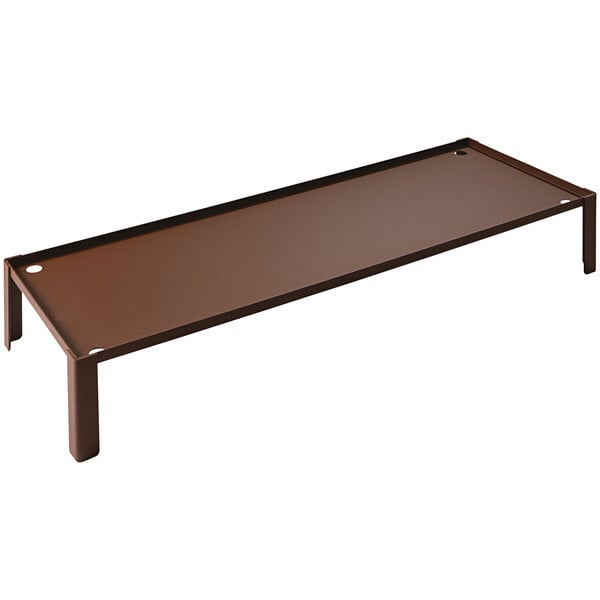 A brown metal rectangular buffet podium with legs.