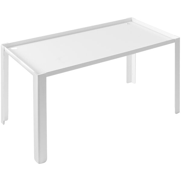 A white rectangular Abert buffet podium with metal legs.