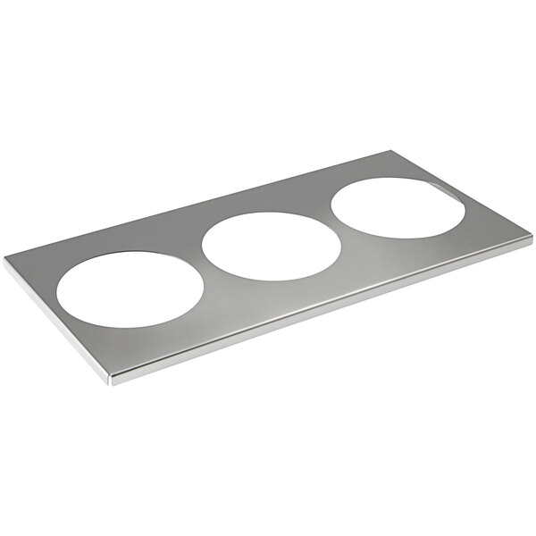 A stainless steel pitcher stand with three circles on the bottom.