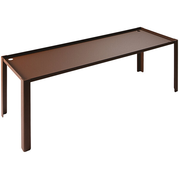 A brown metal Abert buffet podium with legs.