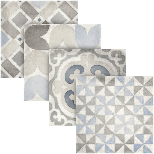 A display of blue and grey Abert Domino tiles with four different patterns.