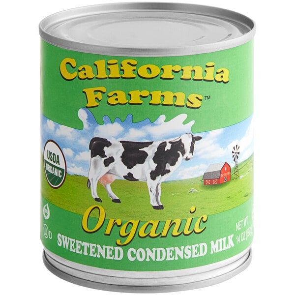 A can of California Farms Organic Sweetened Condensed Milk with a cow on the label.