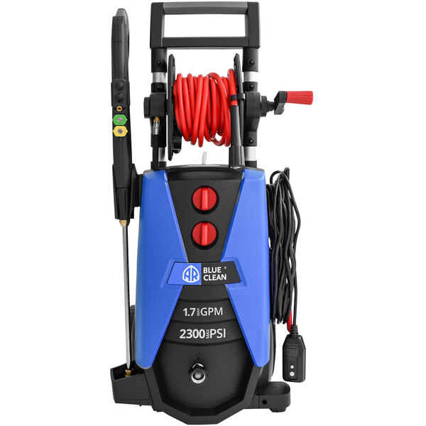 An AR North America Blue Clean pressure washer in blue and black with red cables.