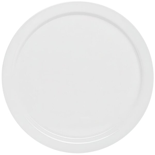 A white round melamine tray with a curved edge.